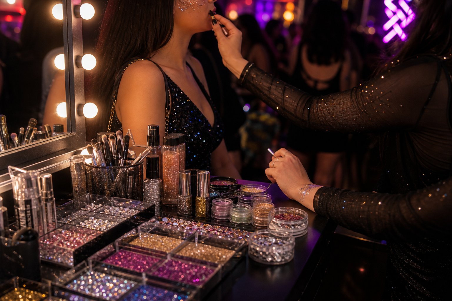 Club event glitter counter and sparkle station